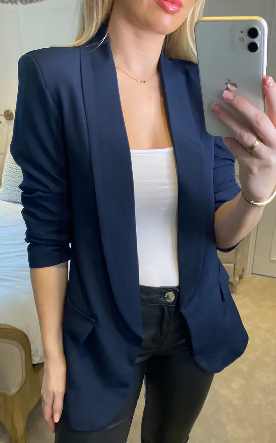 Navy ruched sleeve clearance blazer