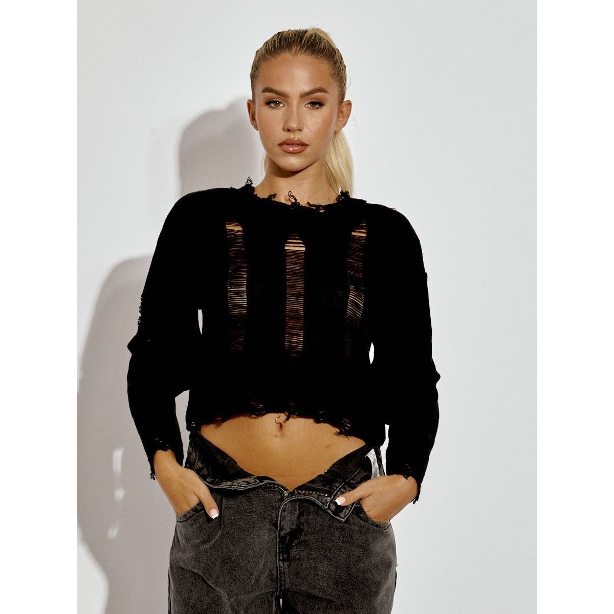 Long Sleeve Distressed Knitted Cropped Jumper