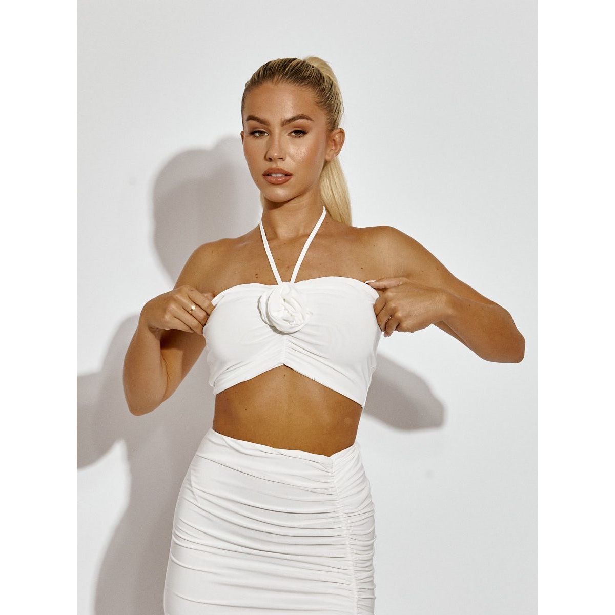 Ruched Halter Neck Top & Skirt Coord Set White