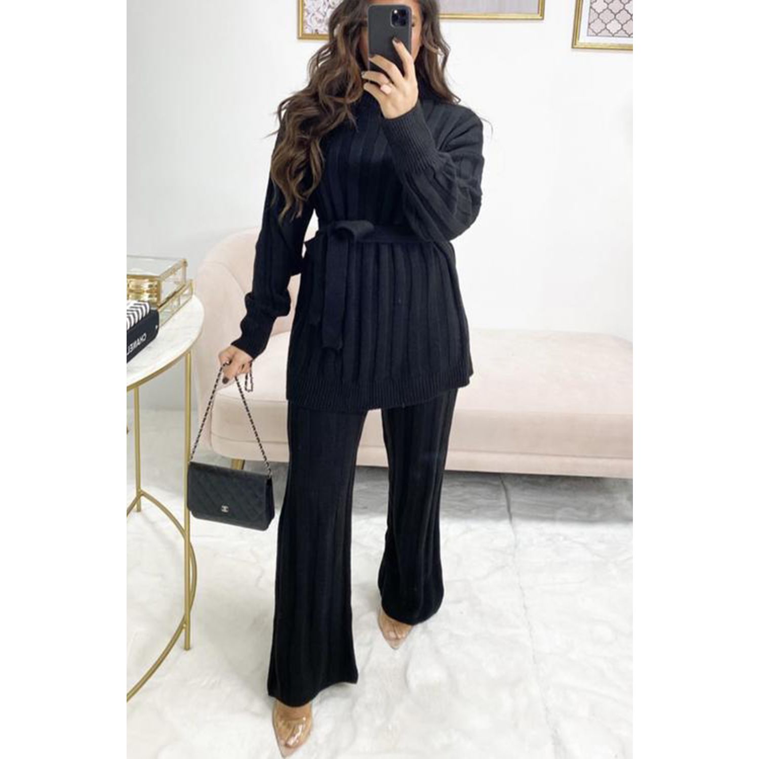 Cable Knit Jumper And Trousers Set - Black - Just $12