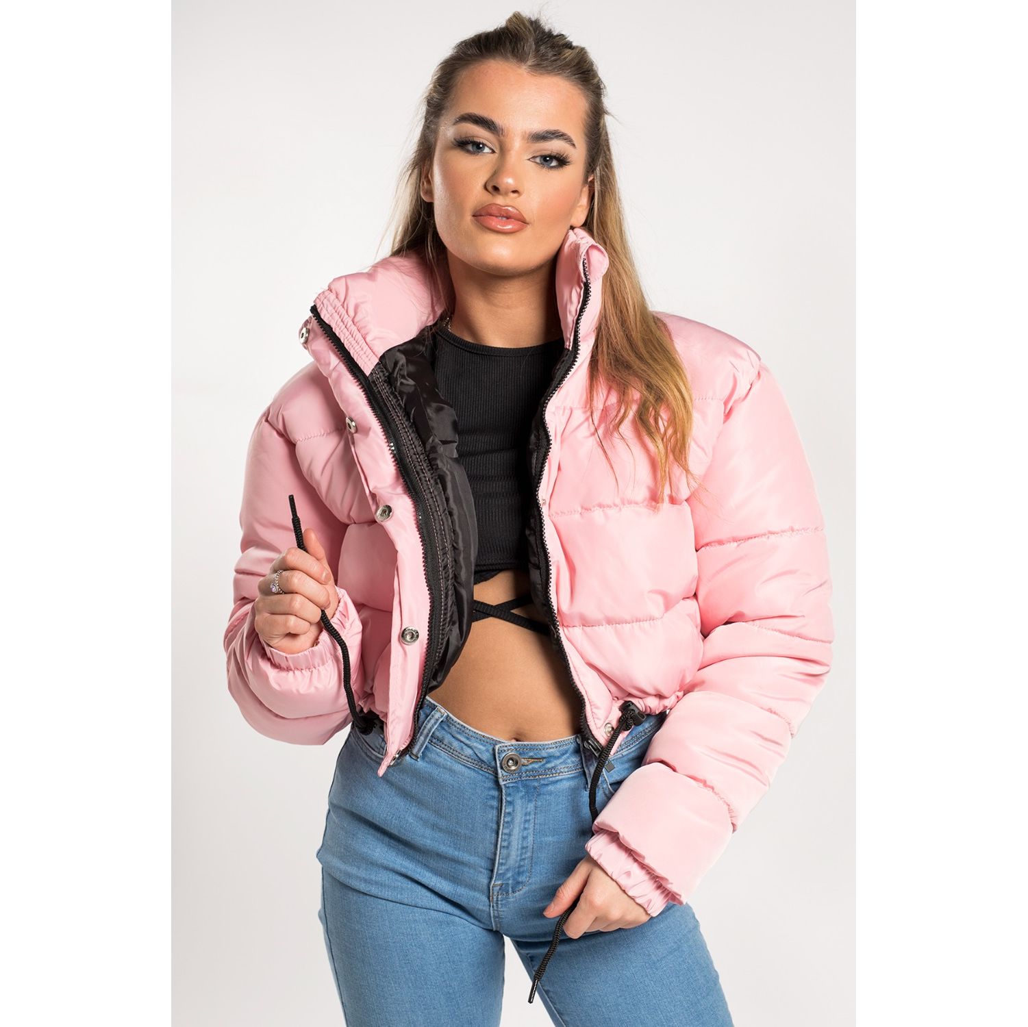 Pink Cropped Drawstring Puffer Jacket Go Wholesale