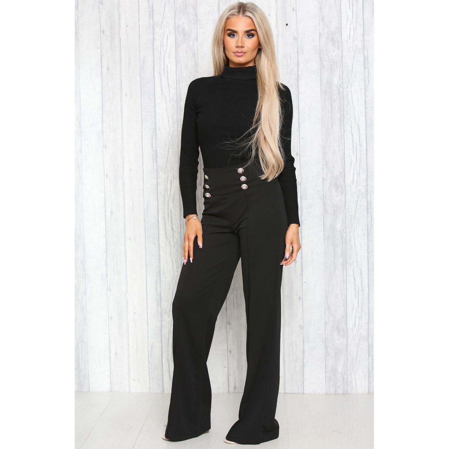 Black Gold Button Flare Trousers | Go Wholesale