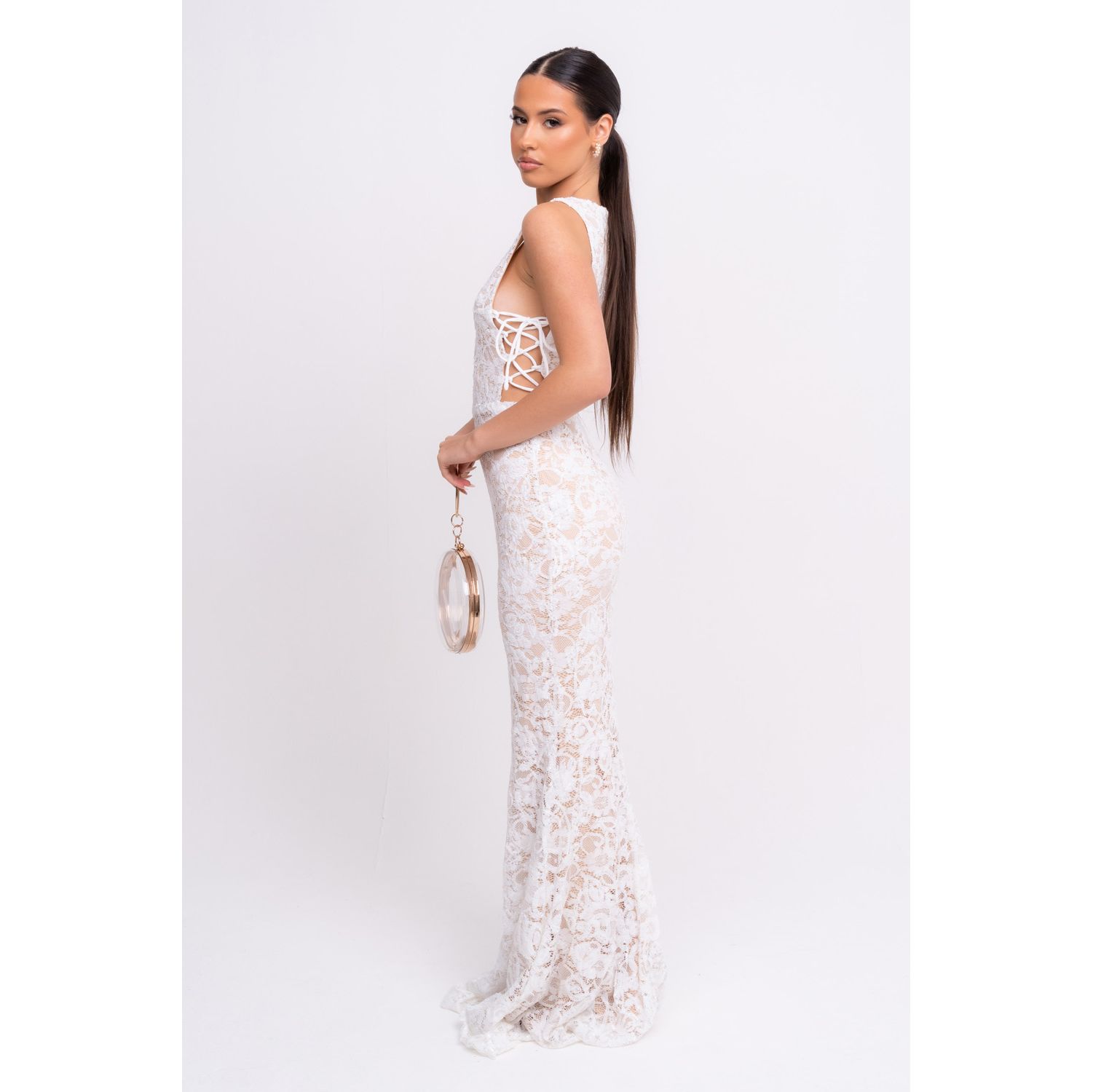 Flora White Luxe Deep Plunge Tie Side Floral Lace Sequin