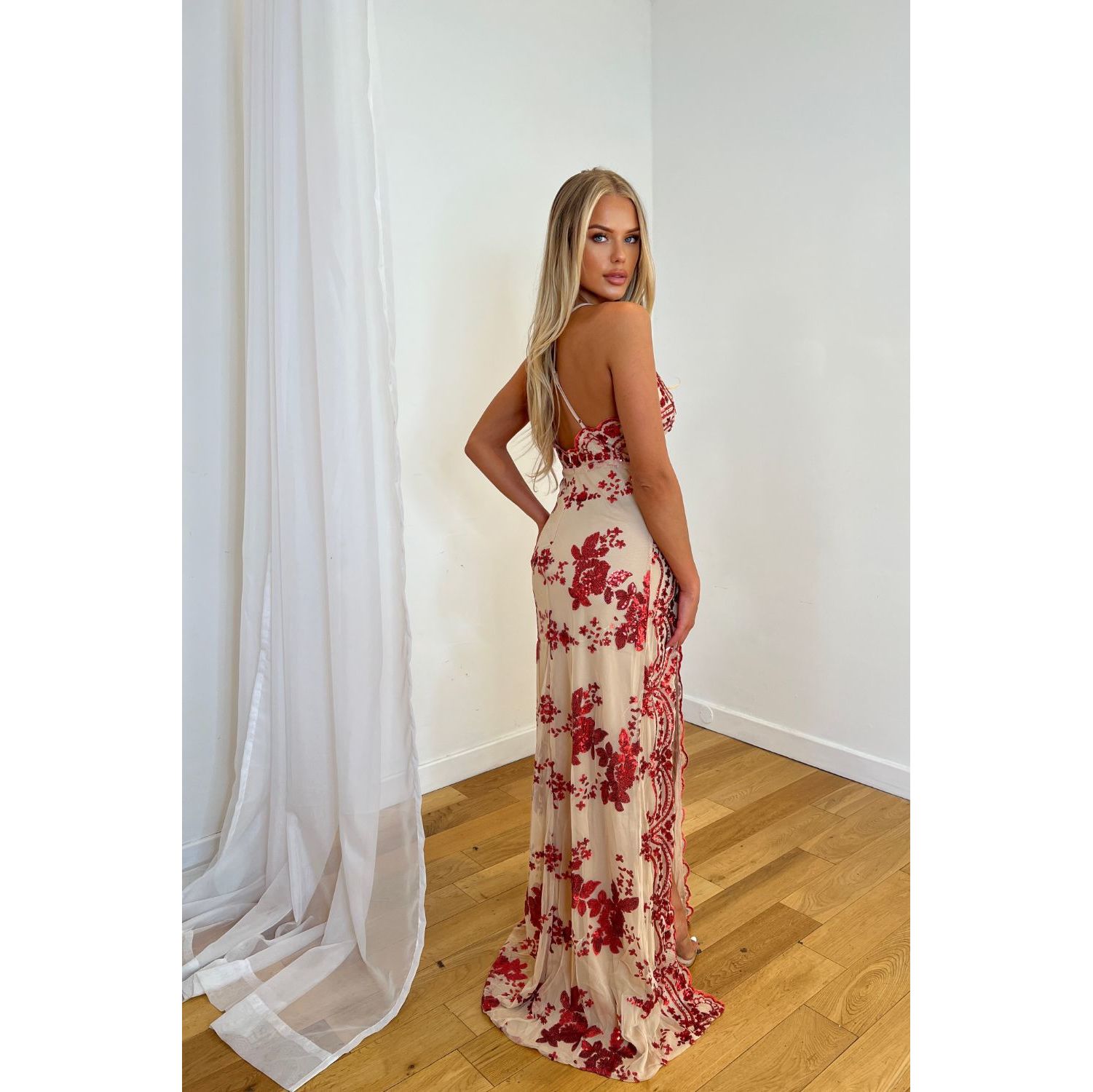 Pure Desire Red Plunge Floral Sequin Double Thigh Slit Maxi Dress