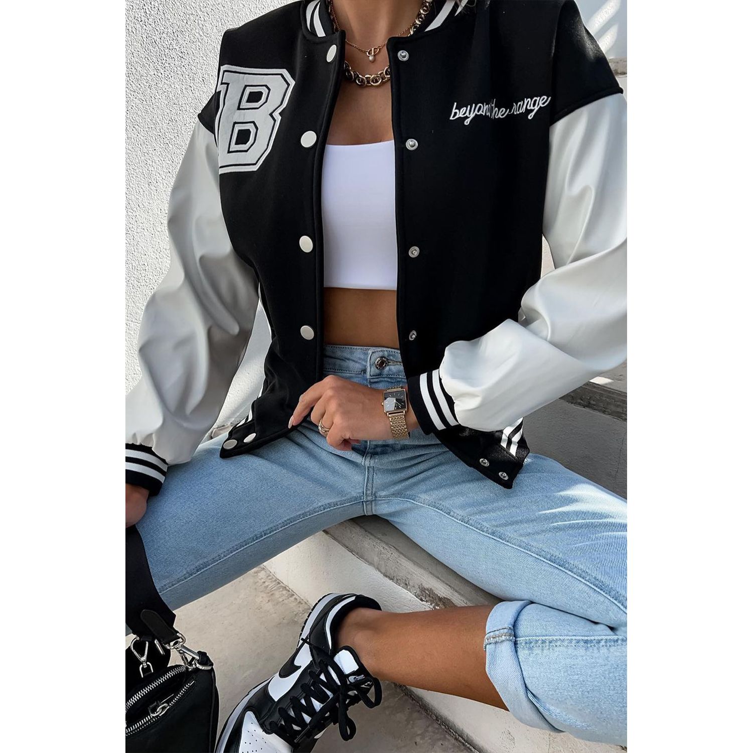 black varsity jacket cropped