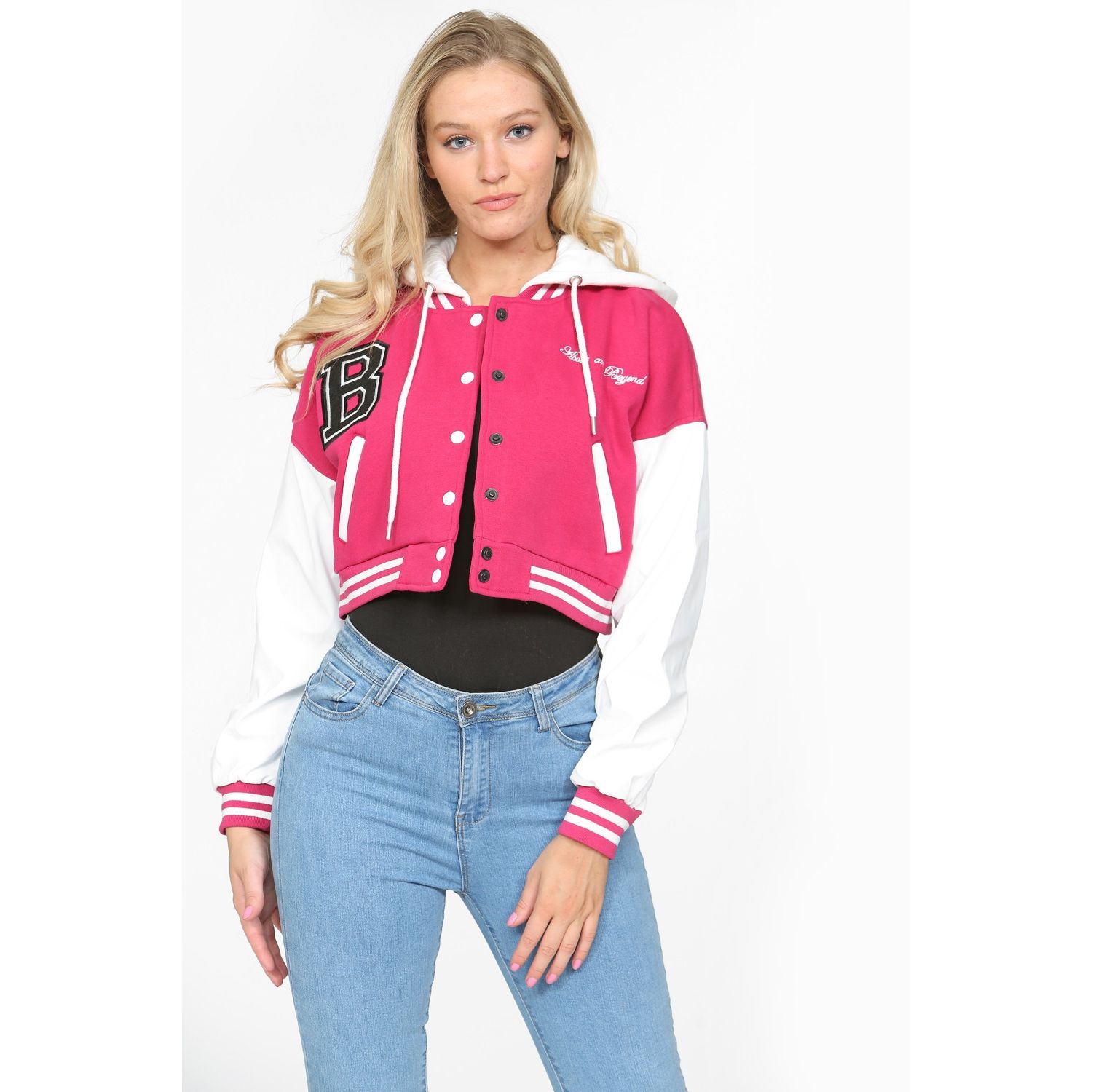 Pink Cropped Contrast Sleeve Varsity Jacket