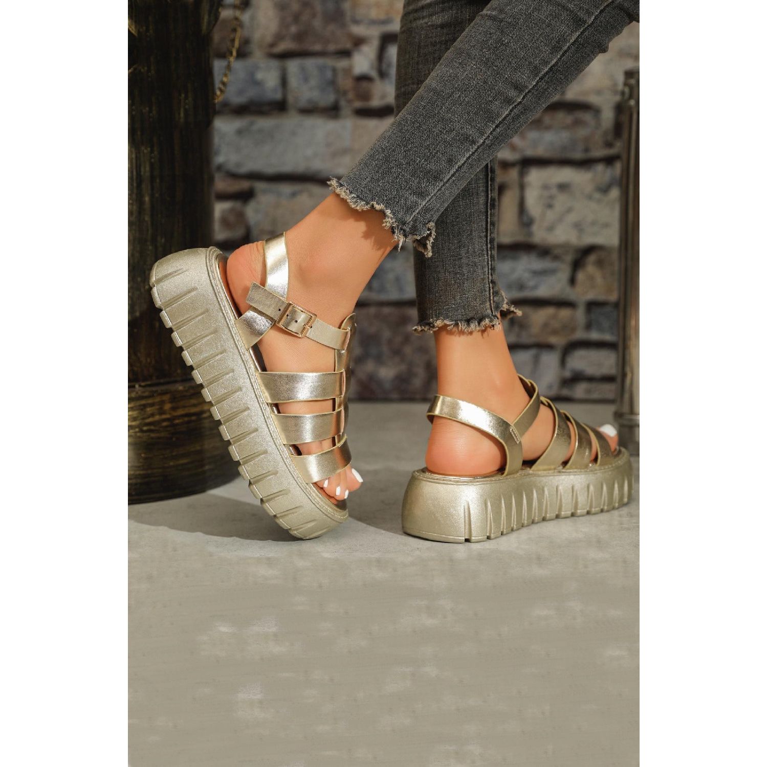 Gold chunky sandals hotsell