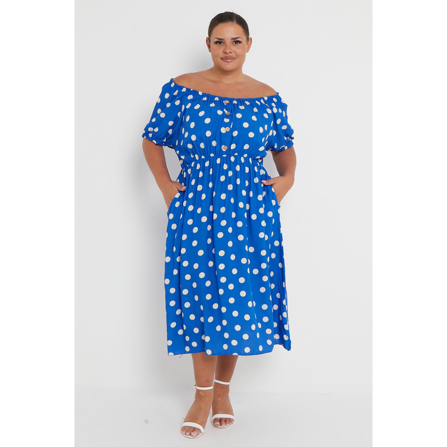 Navy polka hotsell dot bardot dress