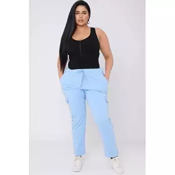 Plus Size Grey Skinny Leather Look Trousers With Pockets